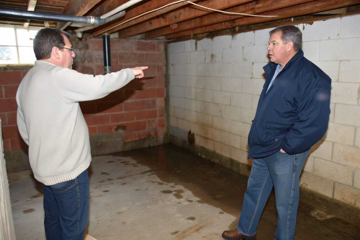 Two people looking at a damp patch at the base of a brick wall in an unfinished basement