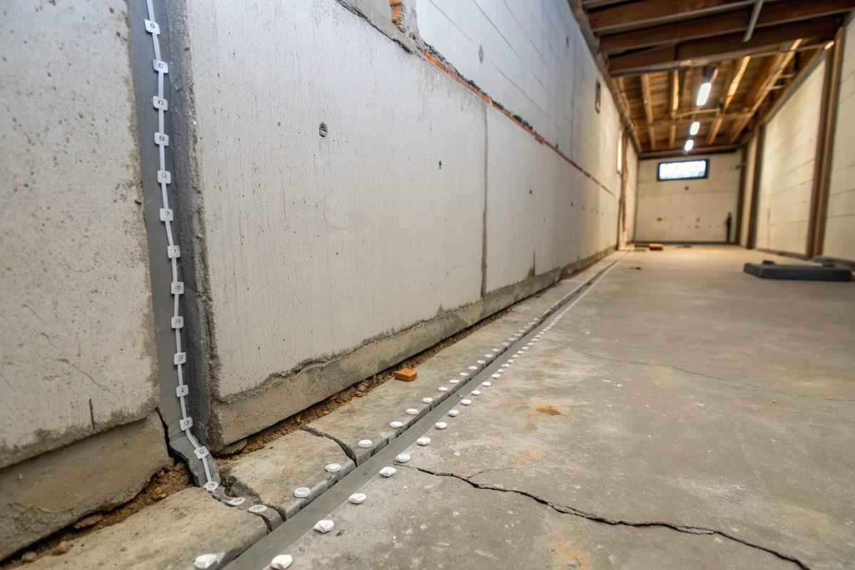 A sealed crack along the base of a poured concrete basement wall with a row of small injection ports