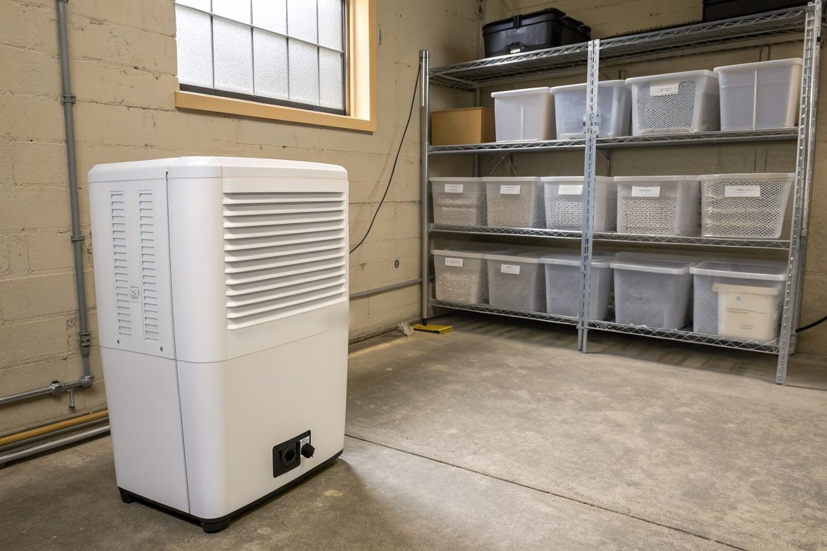 A white dehumidifier on a dry basement floor beside wire shelves of plastic storage bins