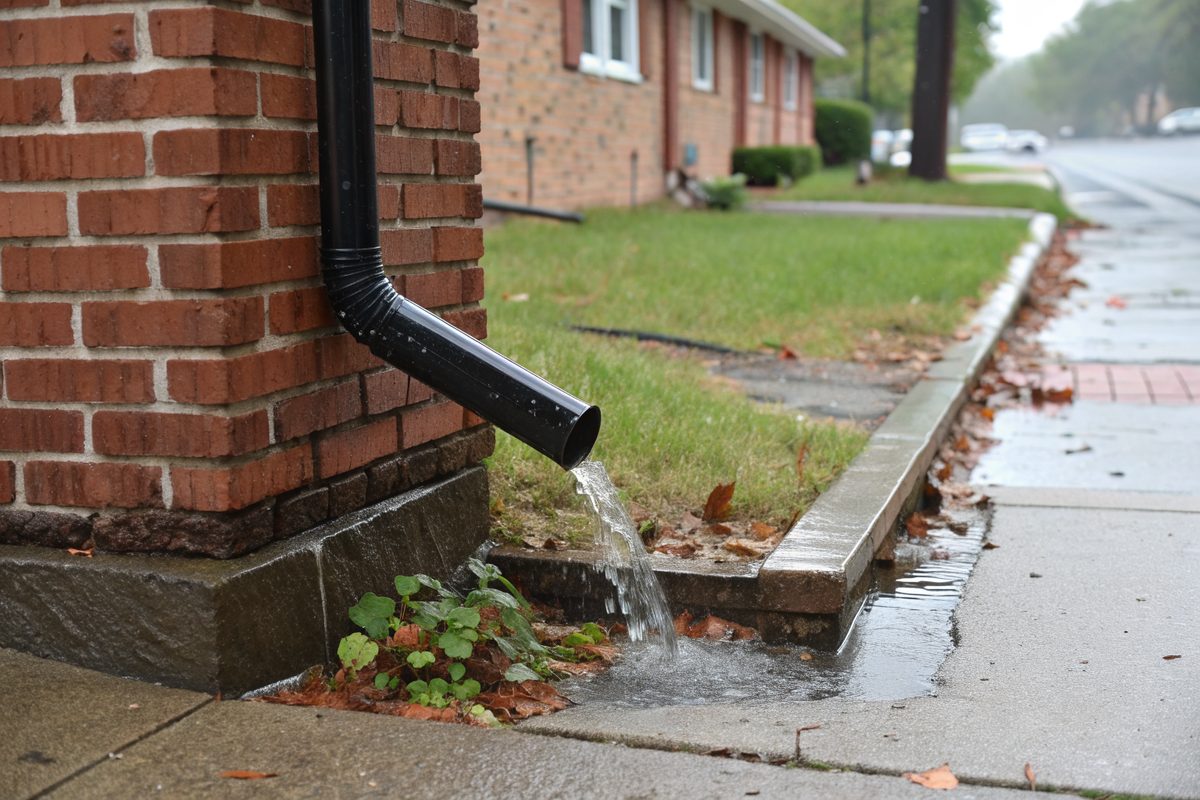 A downspout on a brick building carrying rainwater onto the lawn away from the foundation