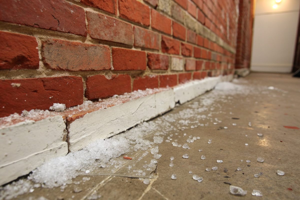 White chalky efflorescence and peeling paint along the bottom of an old brick basement wall