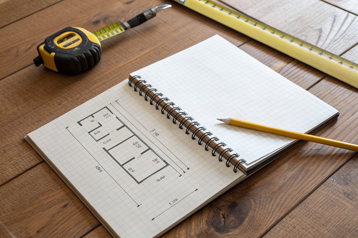 A notepad with a sketched floor plan, a pencil and tape measures on a wooden table