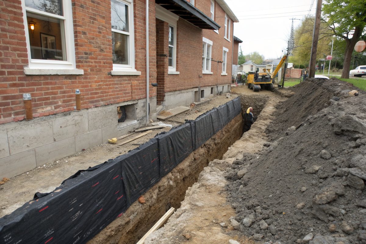 An excavation along an older brick house exposing a foundation coated in black waterproofing, clay piled beside it
