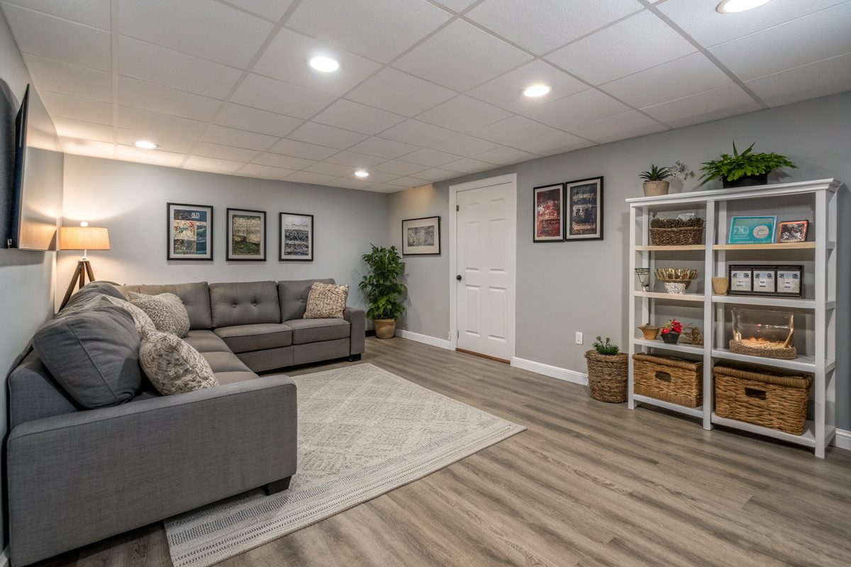 A dry finished basement family room with plank flooring, a gray sectional sofa and shelves