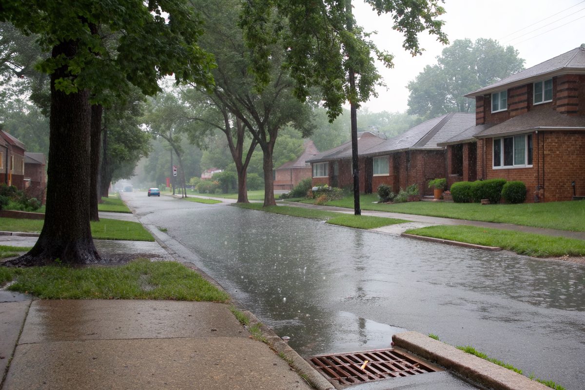 Heavy rain on a street of brick bungalows with water pooling at the curb over a storm drain