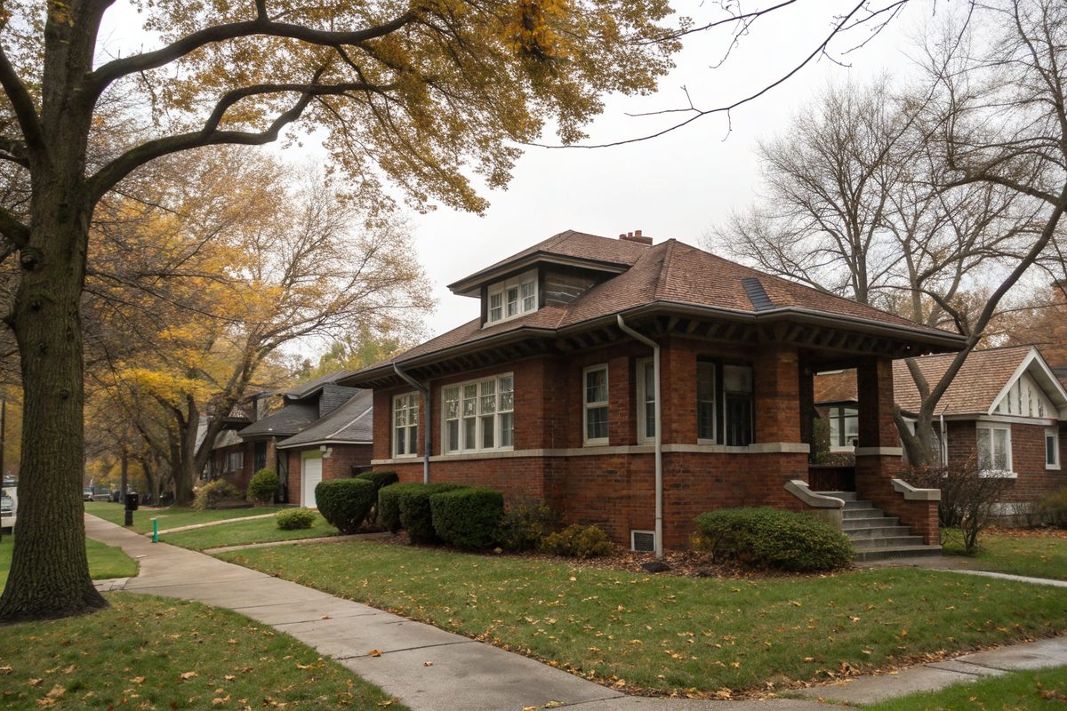 A brick Chicago-style bungalow with a front bay window and small basement windows just above the lawn