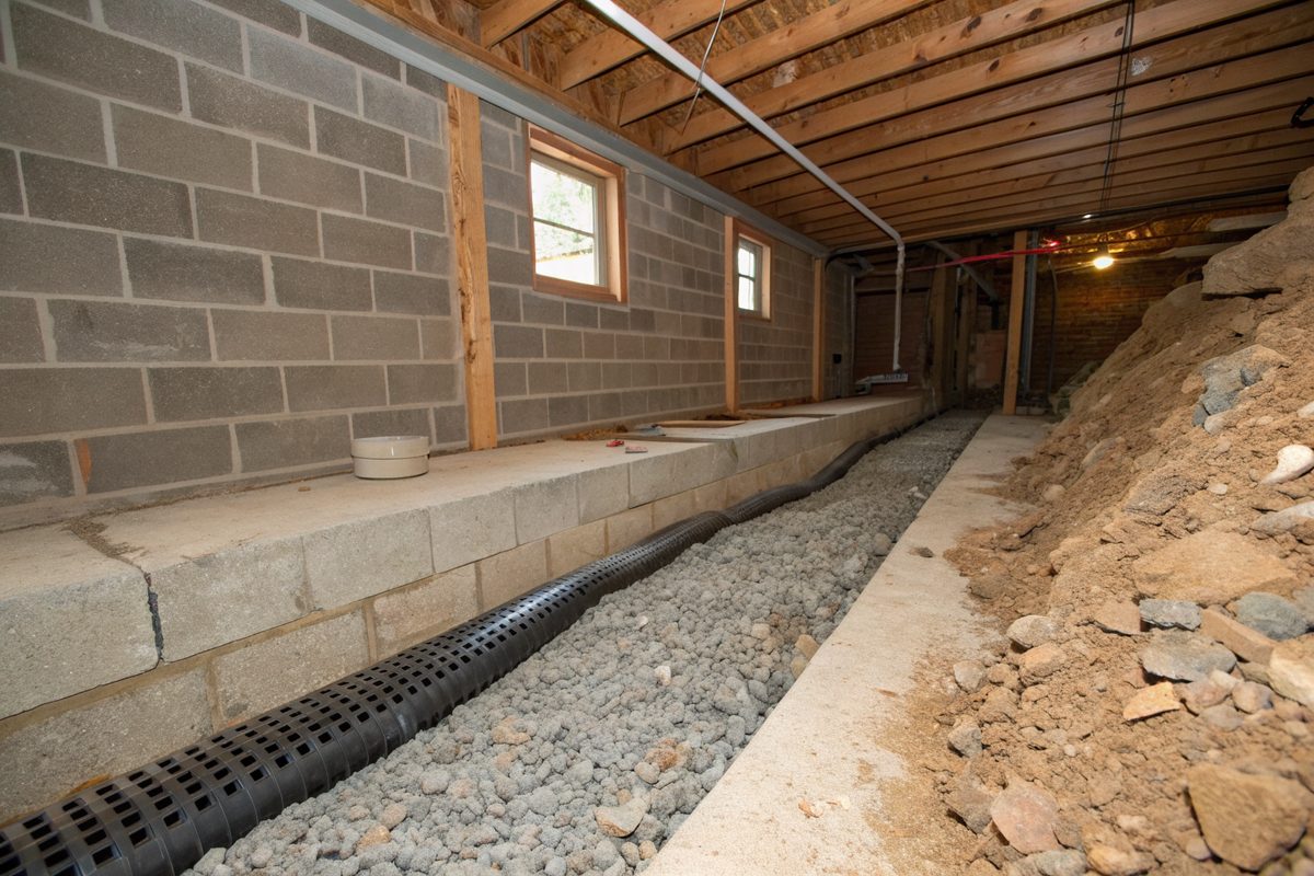 A trench opened in a basement floor along the wall, holding gravel and a black perforated drain pipe