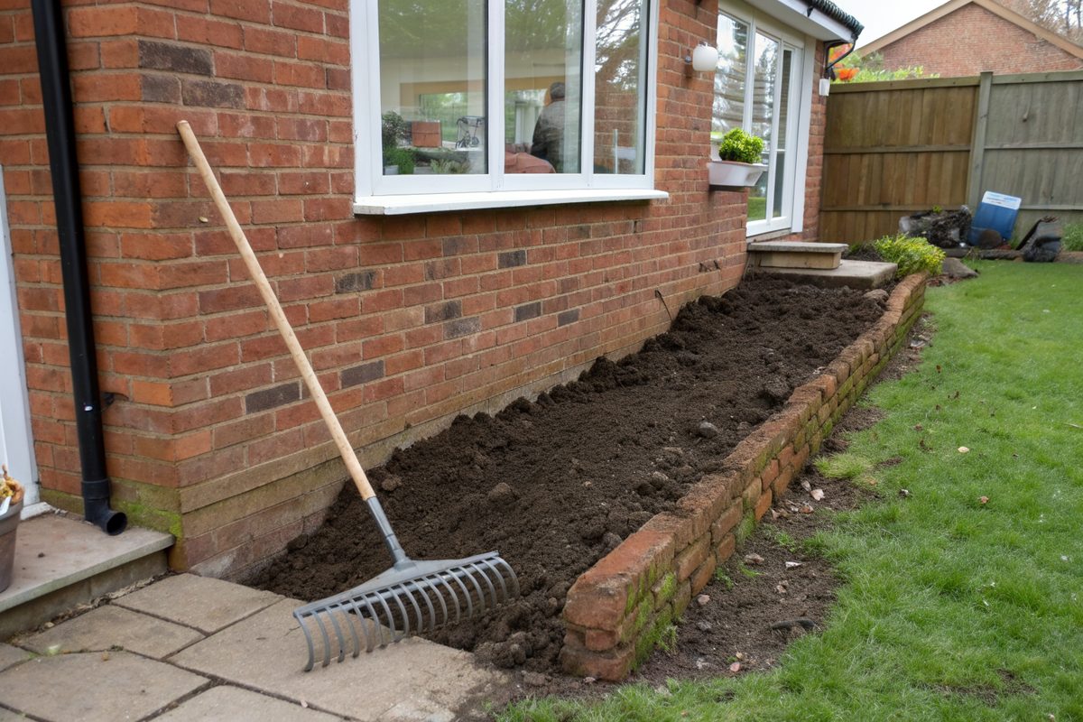 Freshly graded dark soil sloping away from the brick foundation of a house, with a rake against the wall