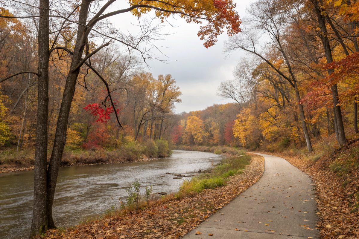 A slow river with wooded banks and a paved trail in a forest preserve in autumn
