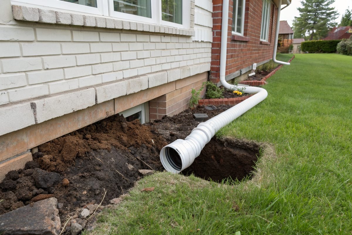 A white sump discharge pipe leaving the side of a house into a buried extension across the lawn