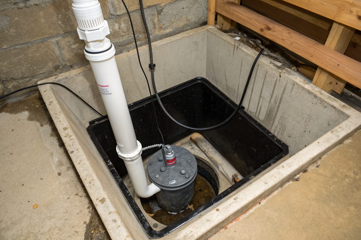A sump pump in a black basin set into a concrete basement floor with a white discharge pipe and check valve