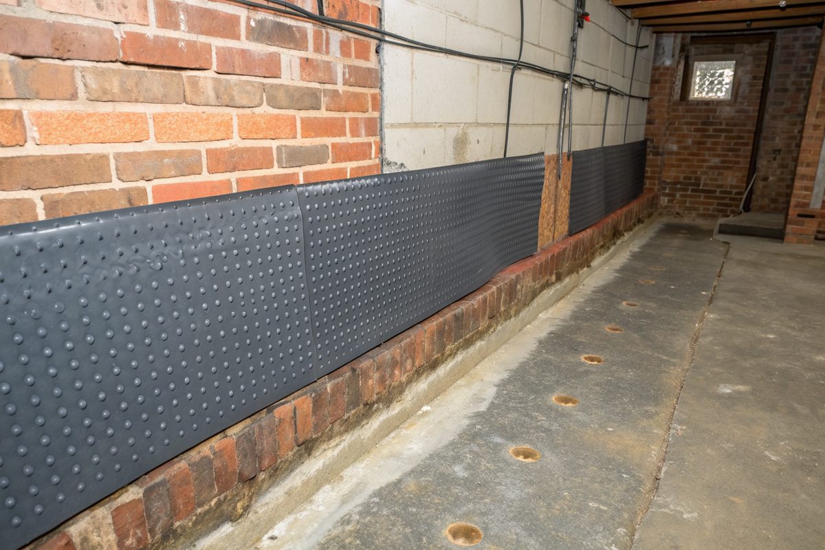A dark dimpled drainage membrane fastened along the lower part of an old brick basement wall