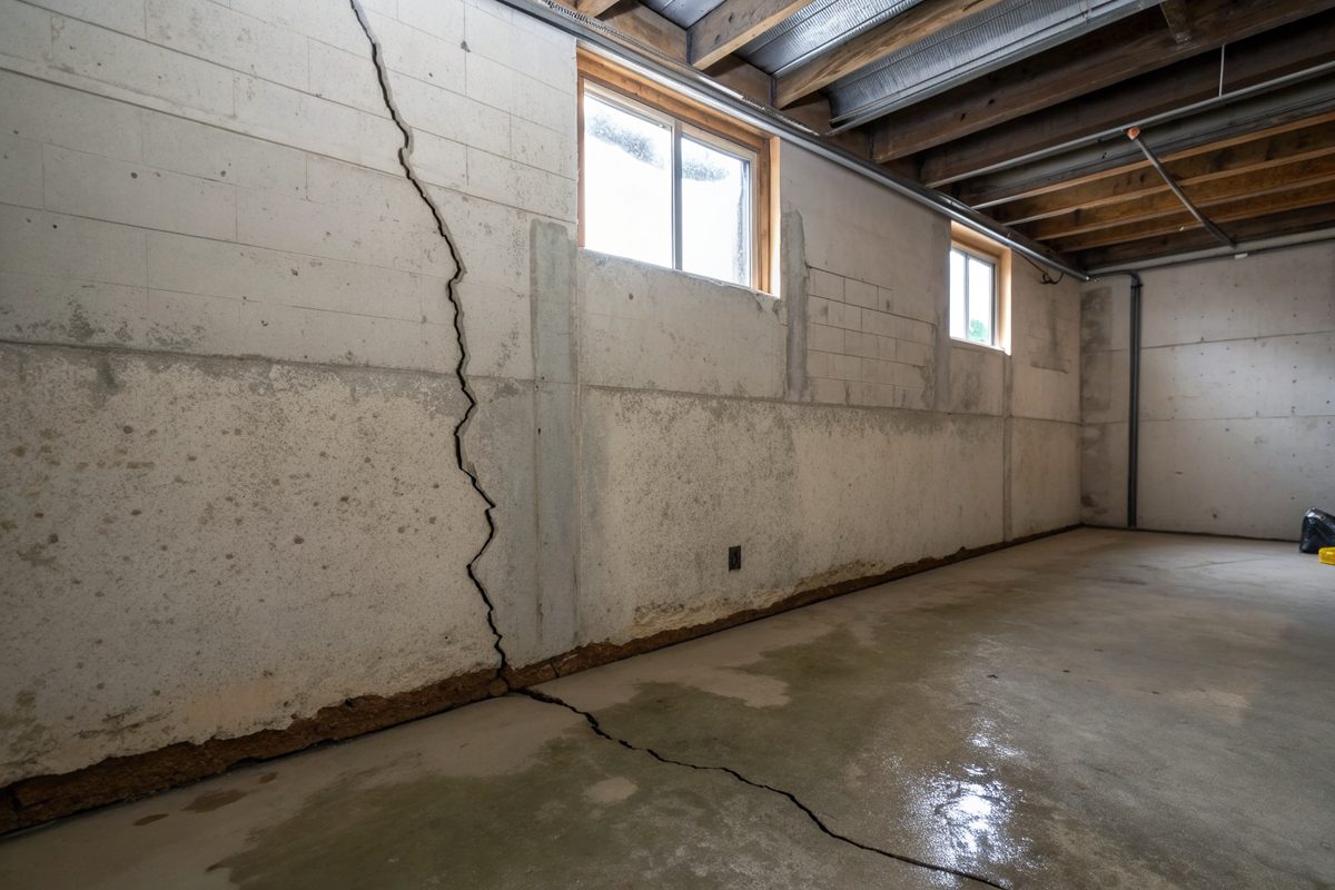 A thin vertical crack running down a poured concrete basement wall