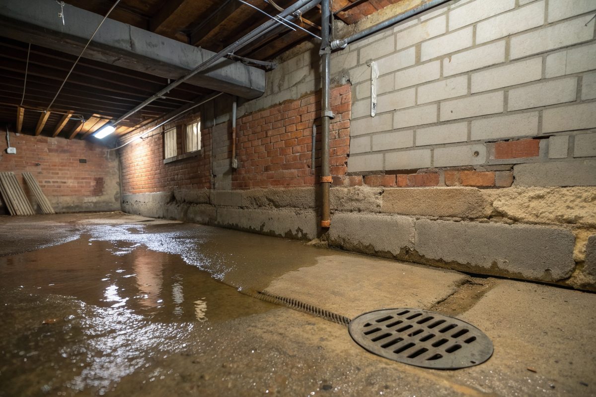 Water spreading across a basement floor from the base of an old brick foundation wall toward a floor drain