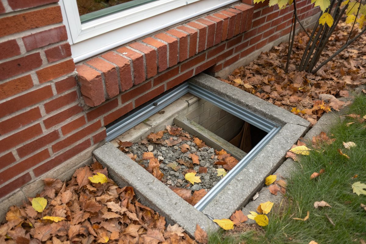 A basement window in a red brick foundation with a metal window well filled with gravel and leaves
